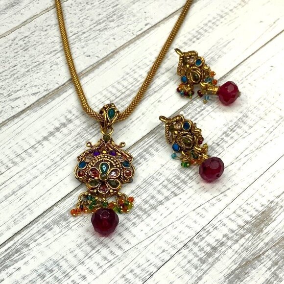 Necklace Earrings Set Gold Tone Ethnic India Boho Bollywood 16 Inch Length - Picture 3 of 4